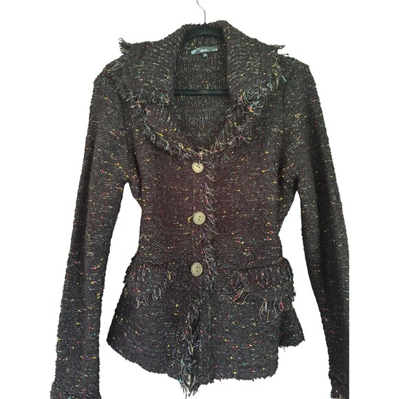 Sioni Jackets & Blazers - Sioni Womens Black Speckled Tweed Button-Up Cardigan Jacket With Fringe Details